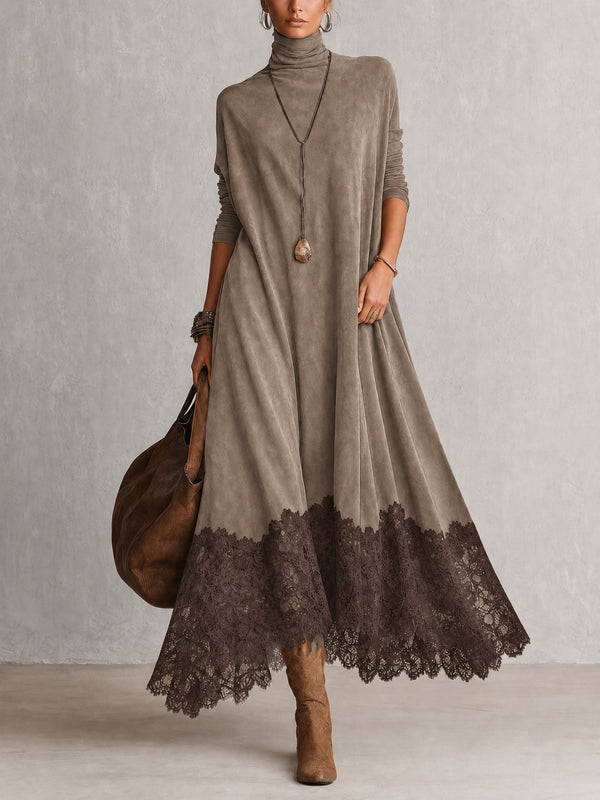 Porzia | Vestido Largo Efecto Ante con Bajo de Encaje
