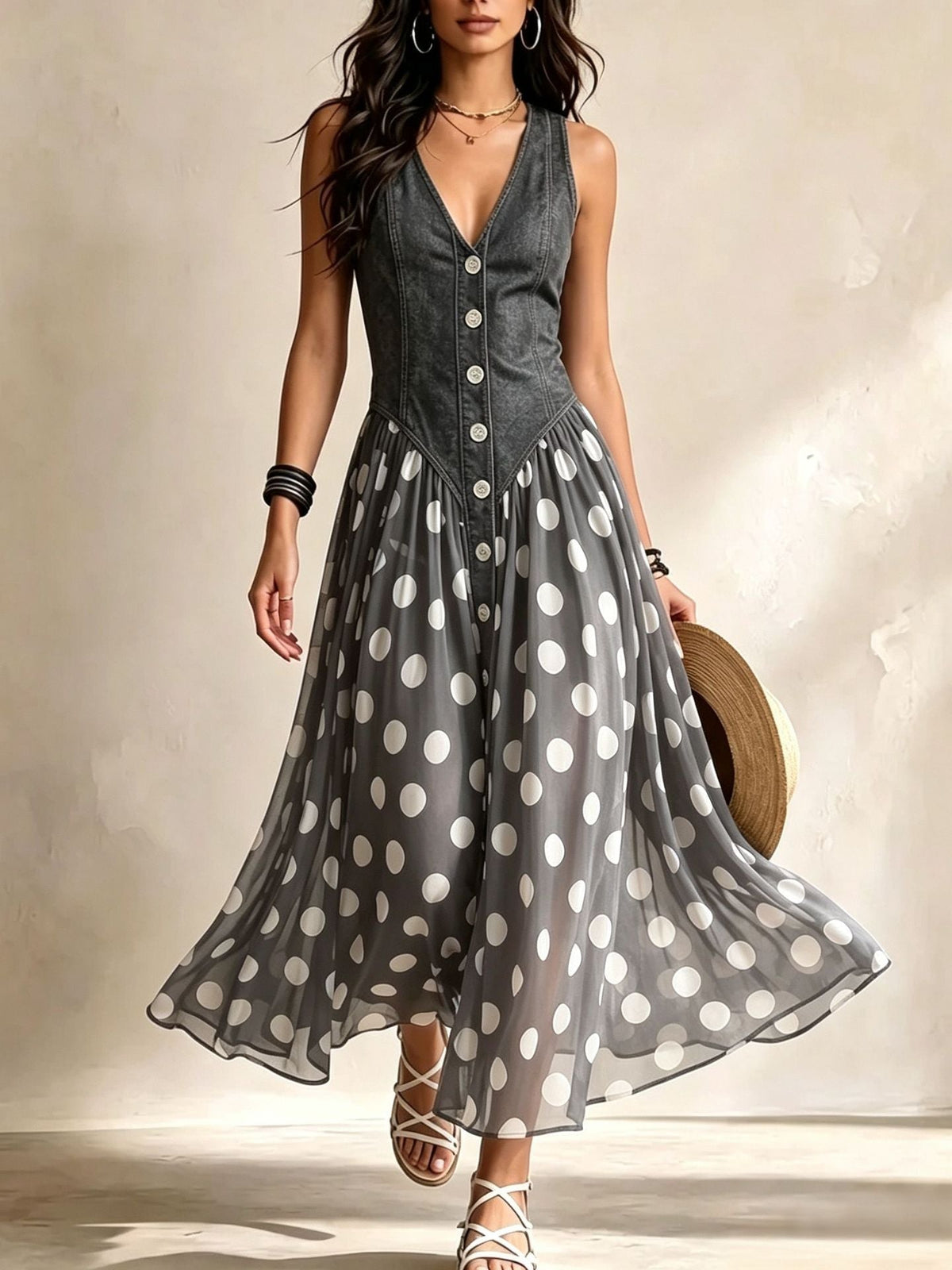 Adeline vestido largo efecto denim con lunares gris