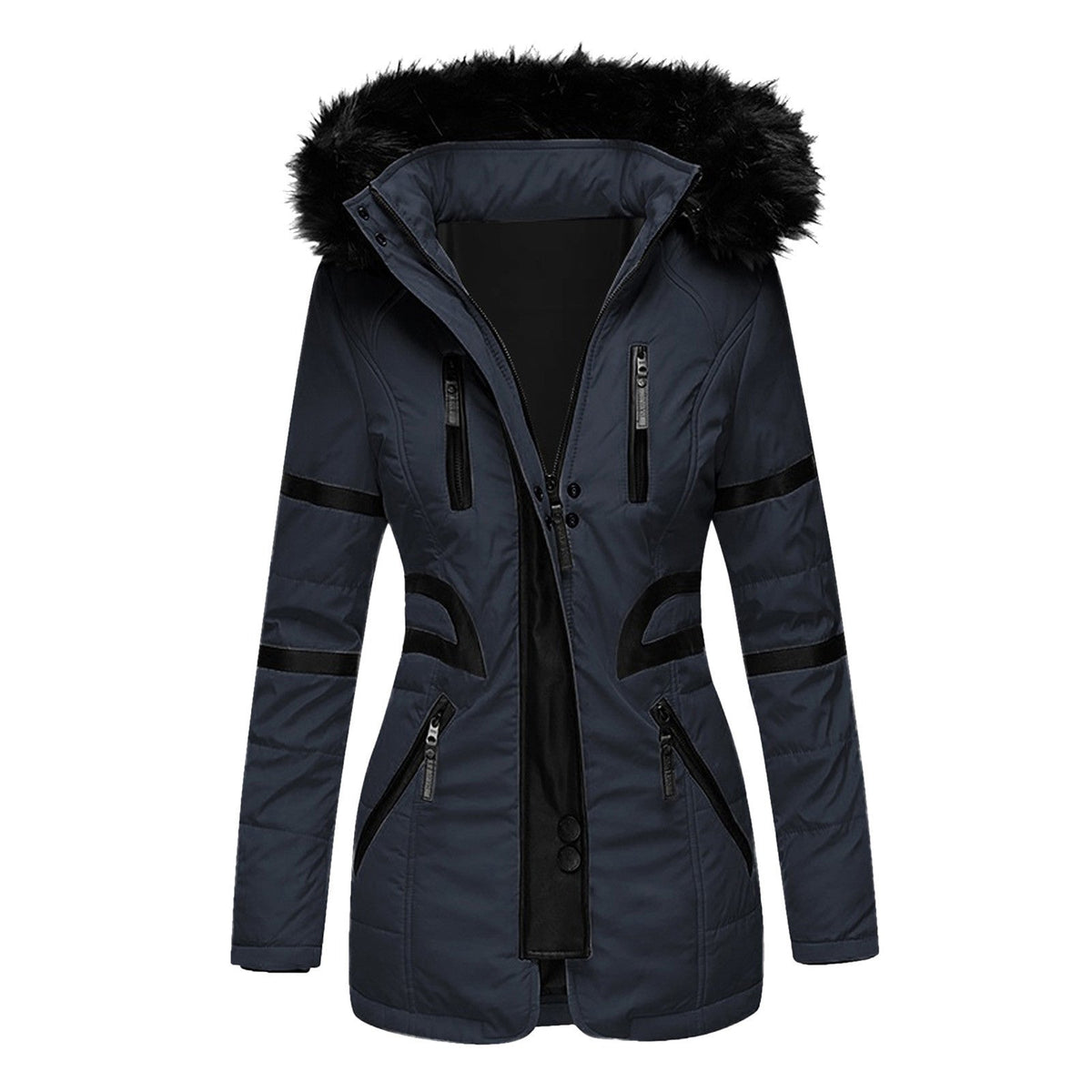 Celeste parka azul marino con capucha de pelo