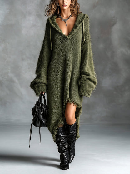Olga vestido midi de punto con capucha color verde militar
