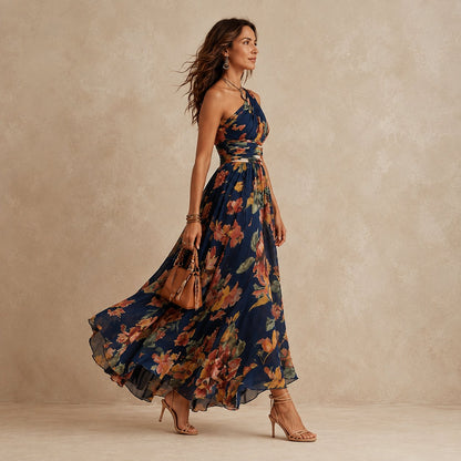 Sonya Vestido Largo Asimétrico Floral Azul Marino - Vista lateral