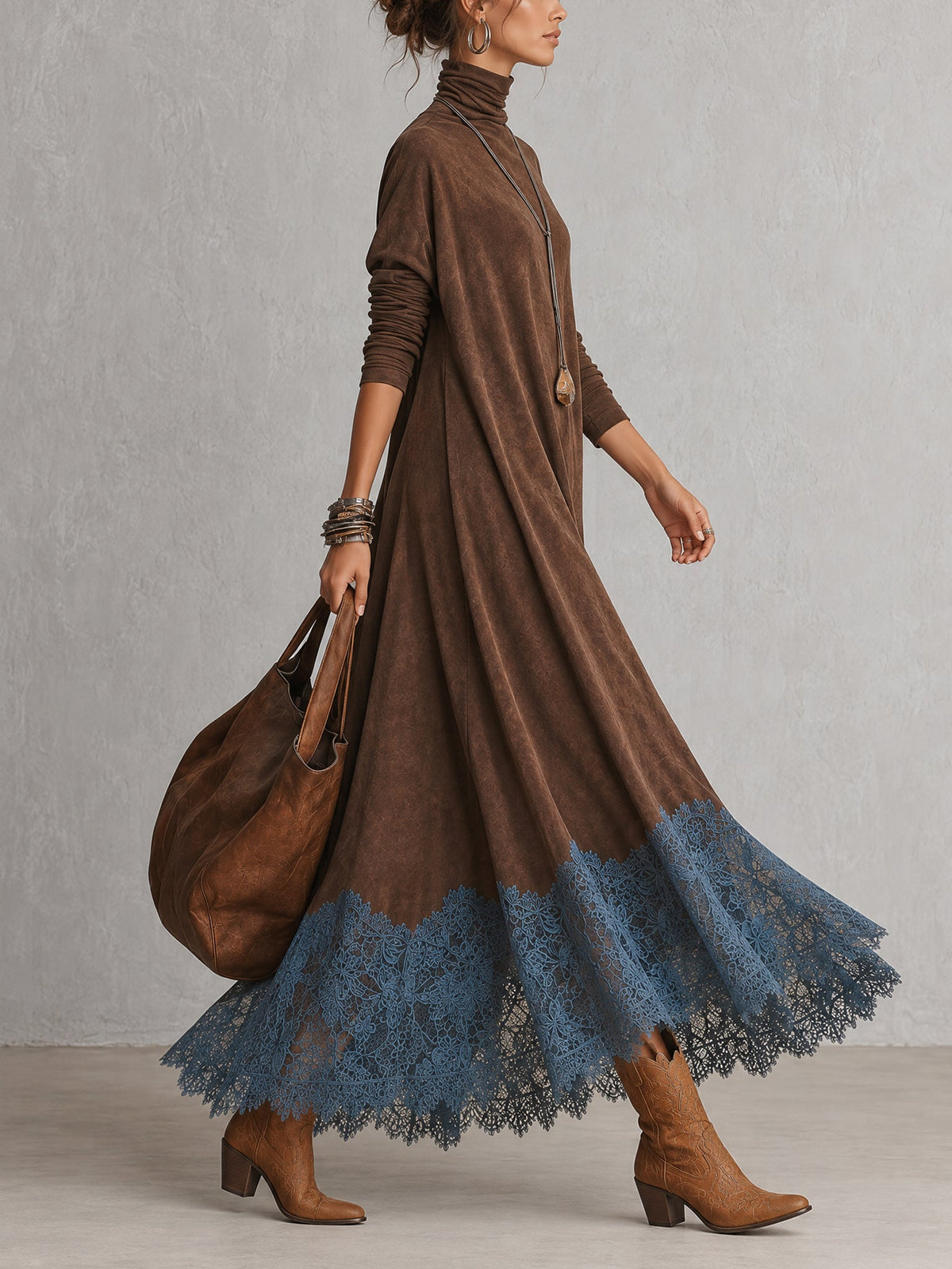 Piera vestido largo efecto ante marrón con bajo de encaje