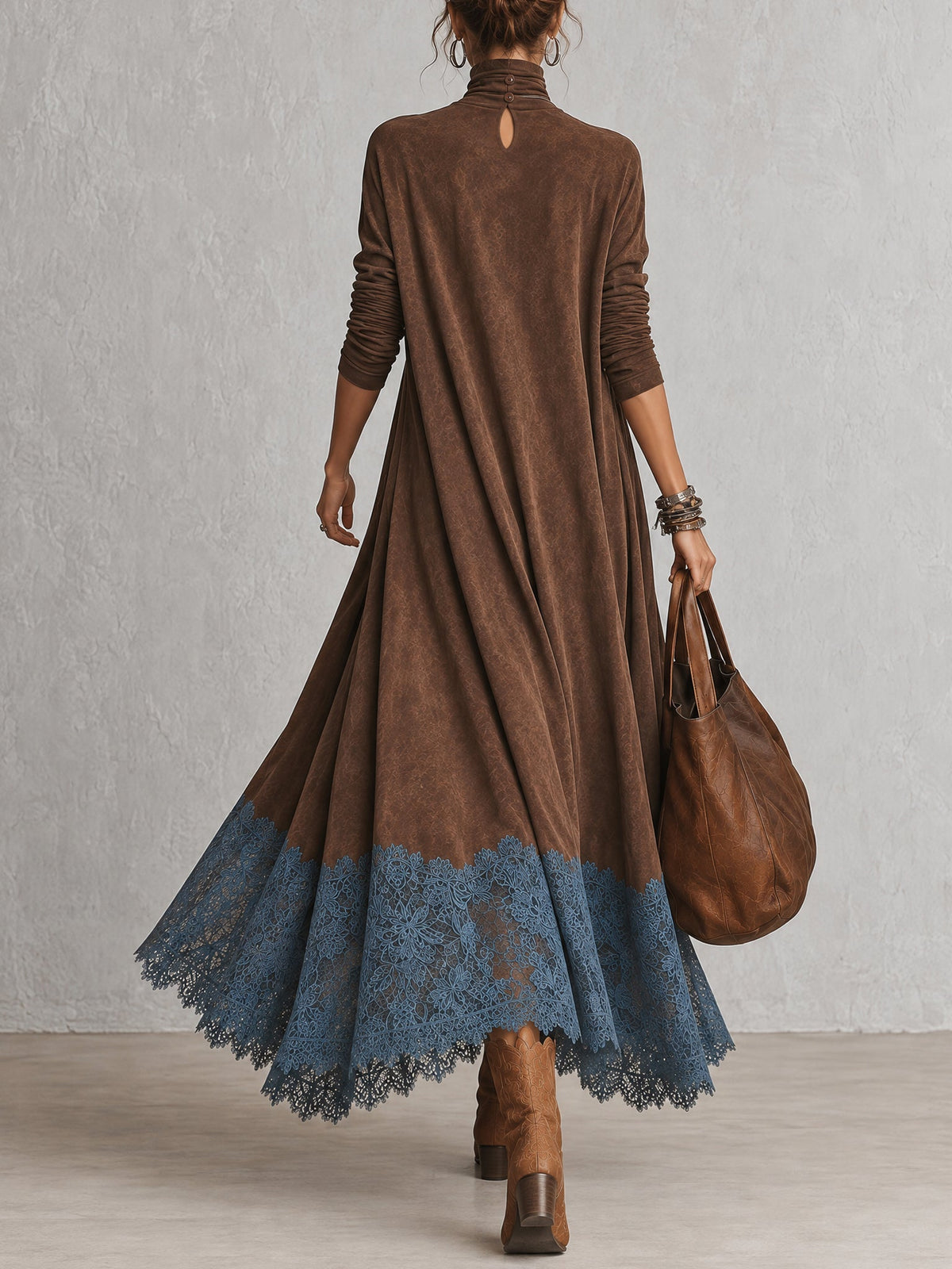 Piera vestido largo efecto ante marrón con bajo de encaje