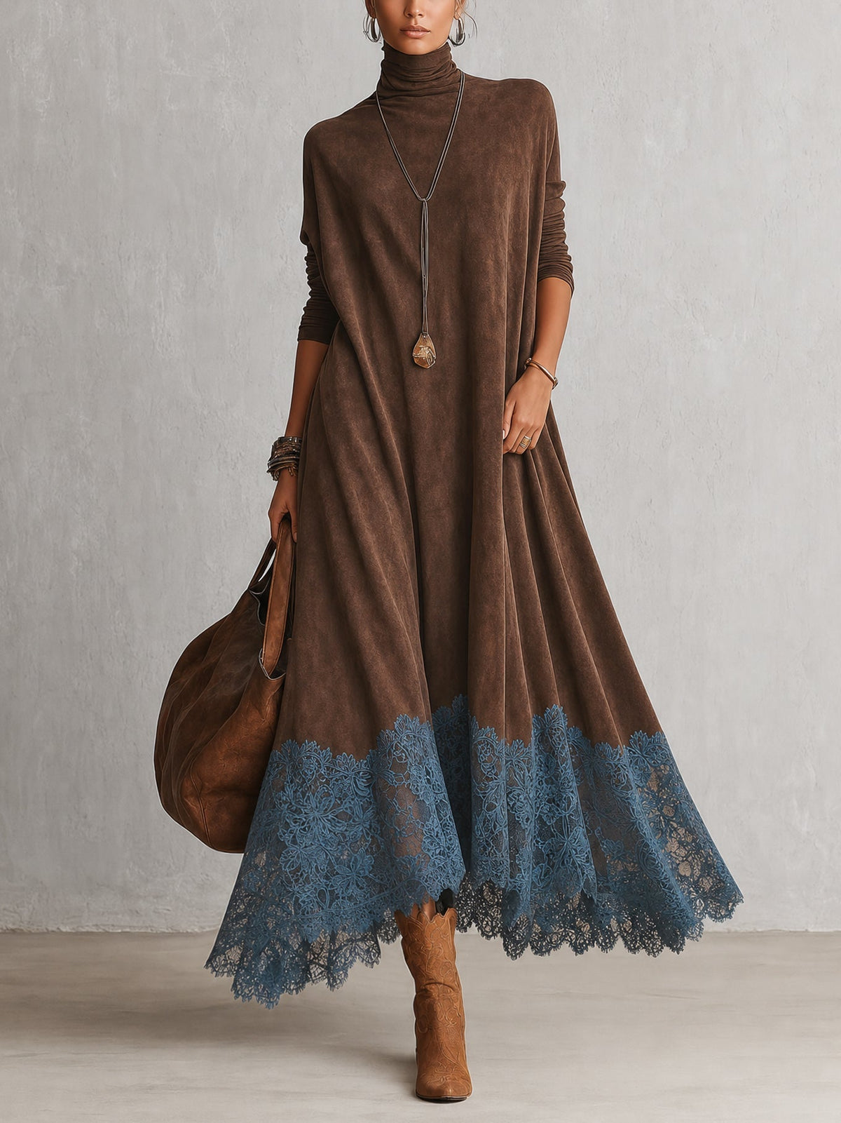 Piera vestido largo efecto ante marrón con bajo de encaje