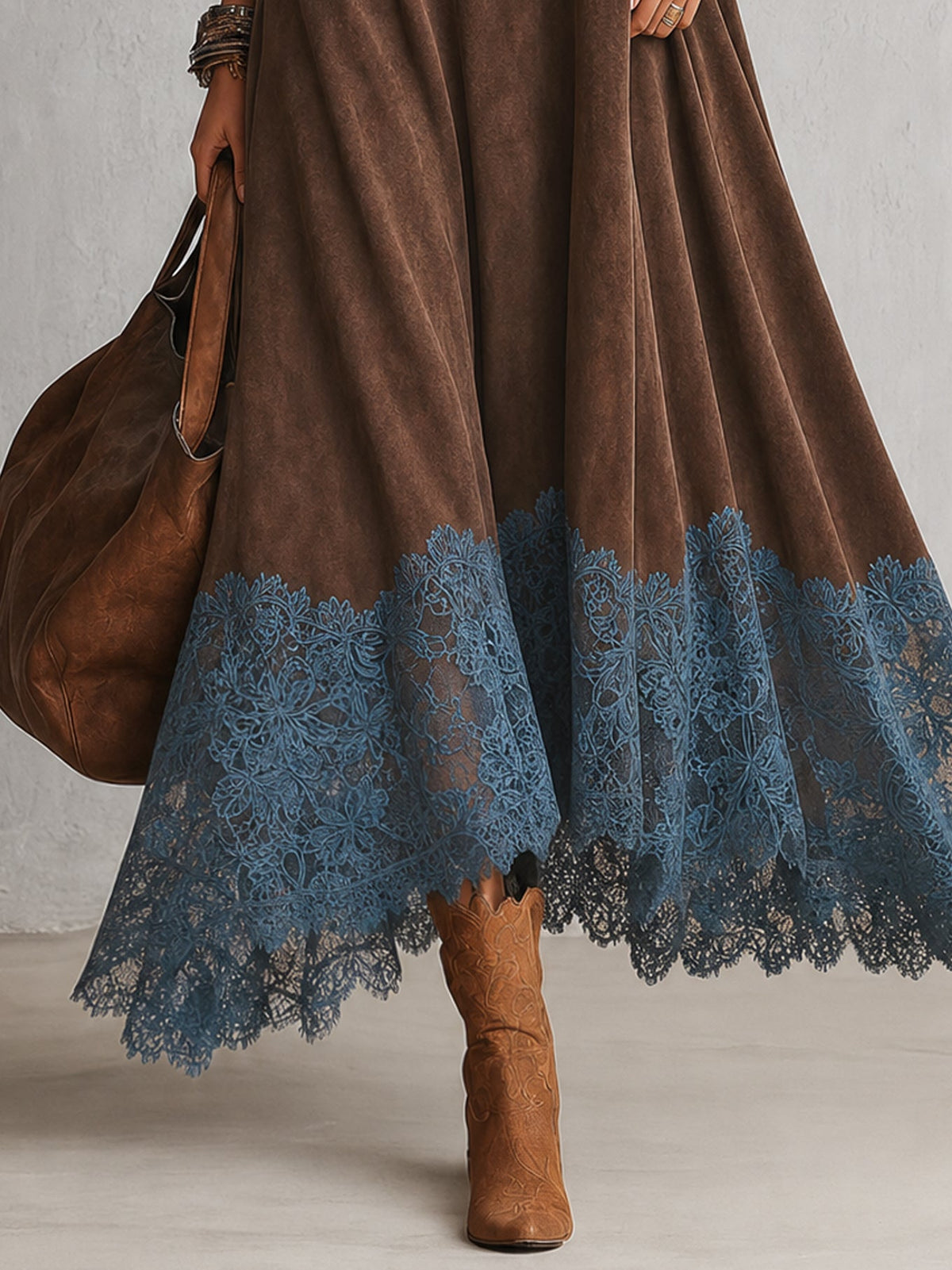 Piera vestido largo efecto ante marrón con bajo de encaje