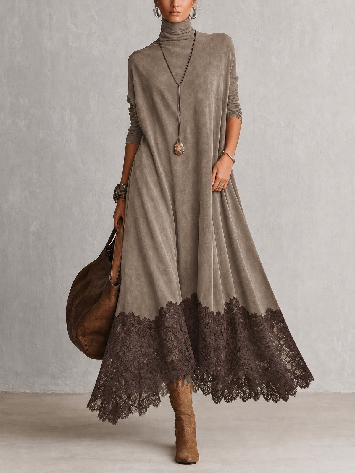 Porzia vestido largo efecto ante color topo con bajo de encaje