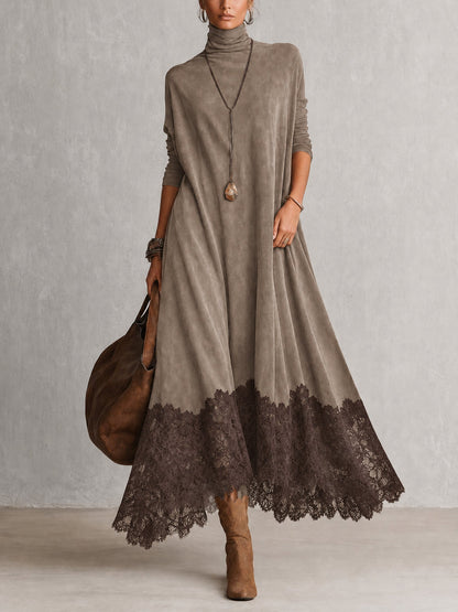 Porzia vestido largo efecto ante color topo con bajo de encaje