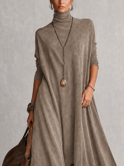 Porzia vestido largo efecto ante color topo con bajo de encaje