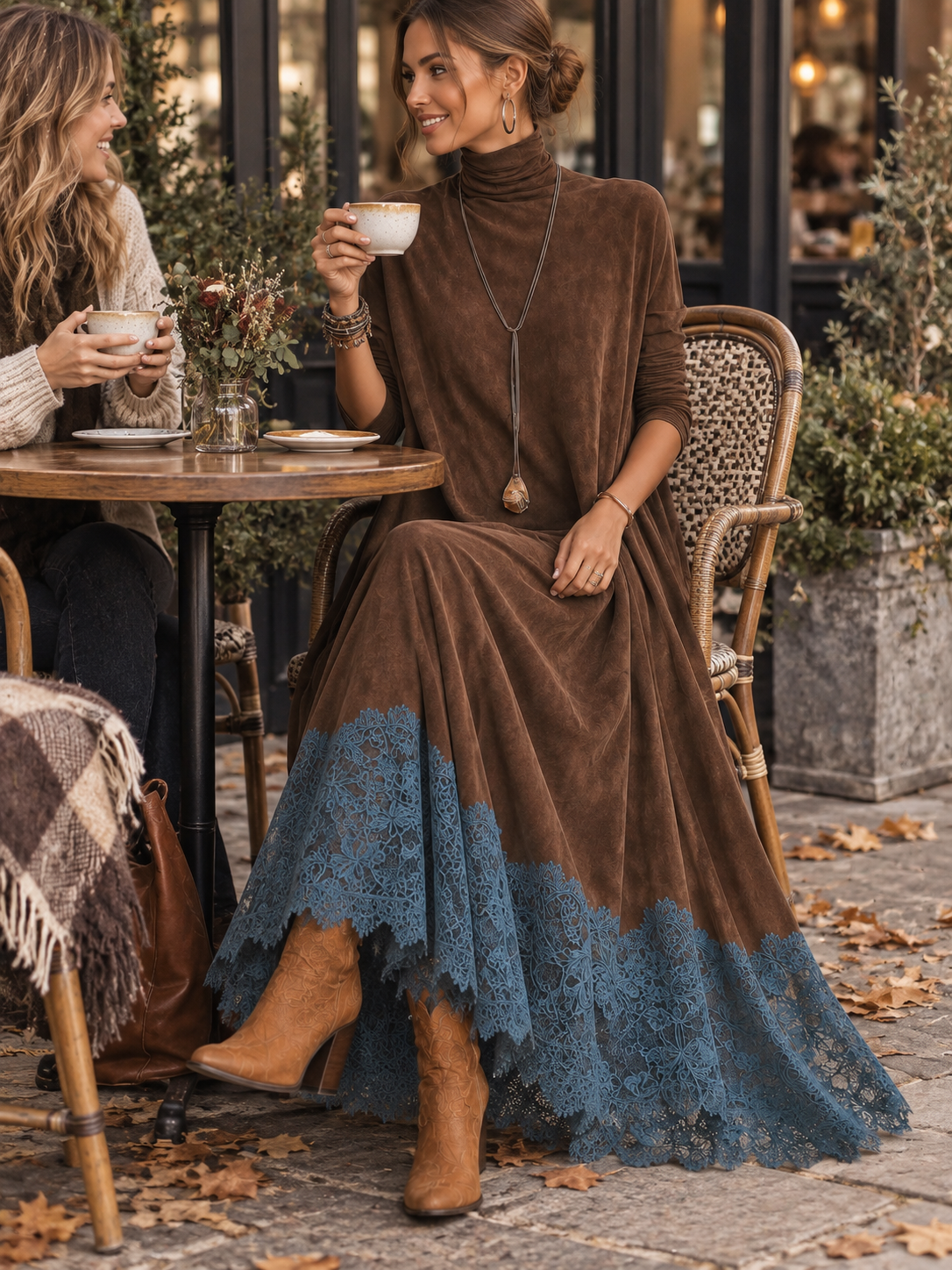 Piera vestido largo efecto ante marrón con bajo de encaje