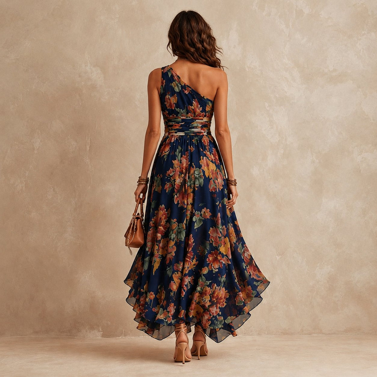Sonya Vestido Largo Asimétrico Floral Azul Marino - Detalle estampado