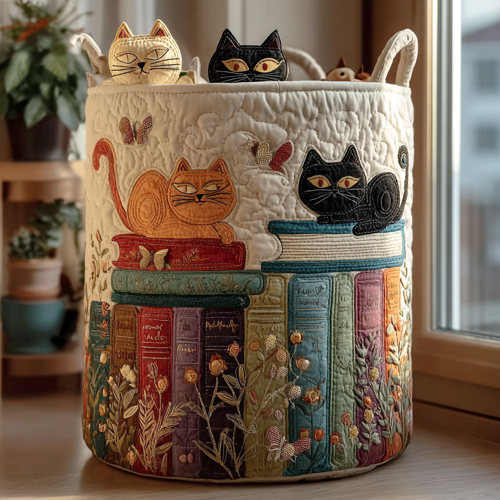 Paola | Cesto de Ropa Acolchado con Gatos y Libros