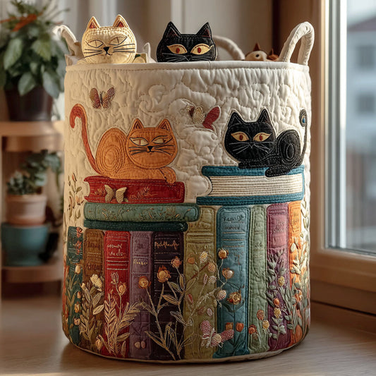 Paola | Cesto de Ropa Acolchado con Gatos y Libros