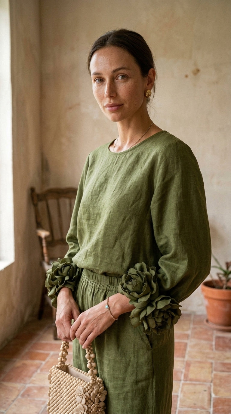 Conjunto de top con puños florales y pantalón ancho en verde