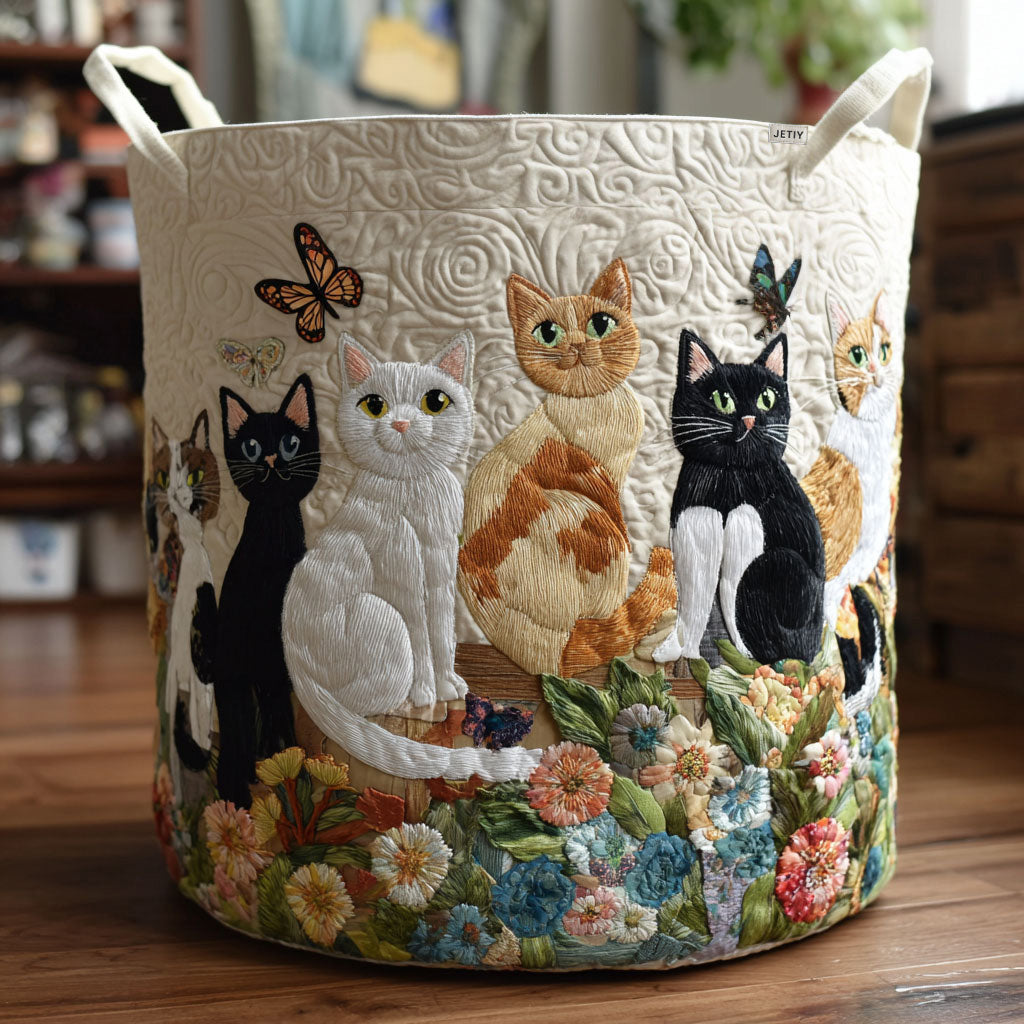 Grazia | Cesto de Ropa Acolchado con Gatos y Flores