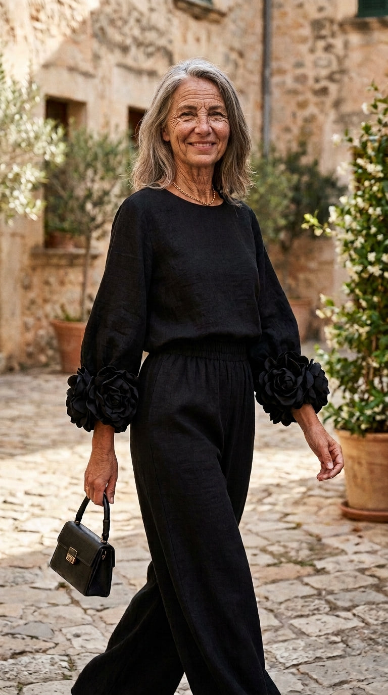 Conjunto de top con puños florales y pantalón ancho en negro
