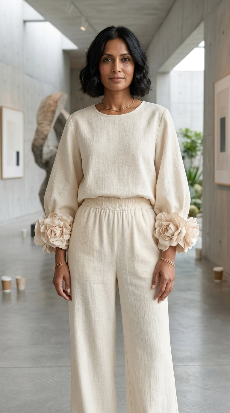 Conjunto de top con puños florales y pantalón ancho en blanco