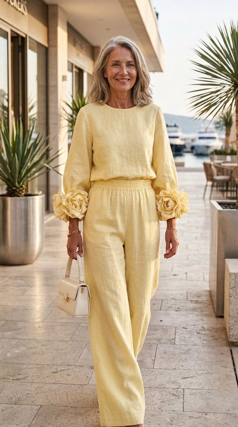 Conjunto de top con puños florales y pantalón ancho en amarillo