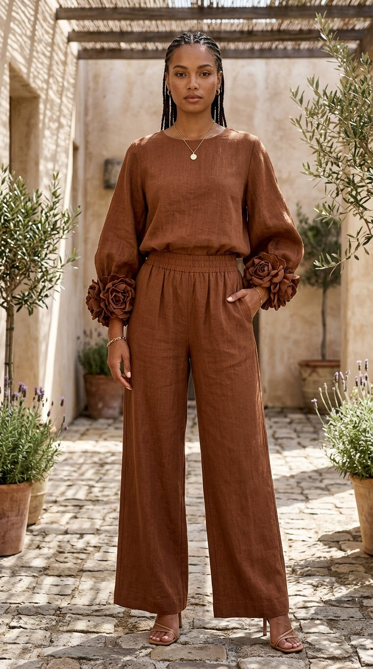 Conjunto de top con puños florales y pantalón ancho en marrón