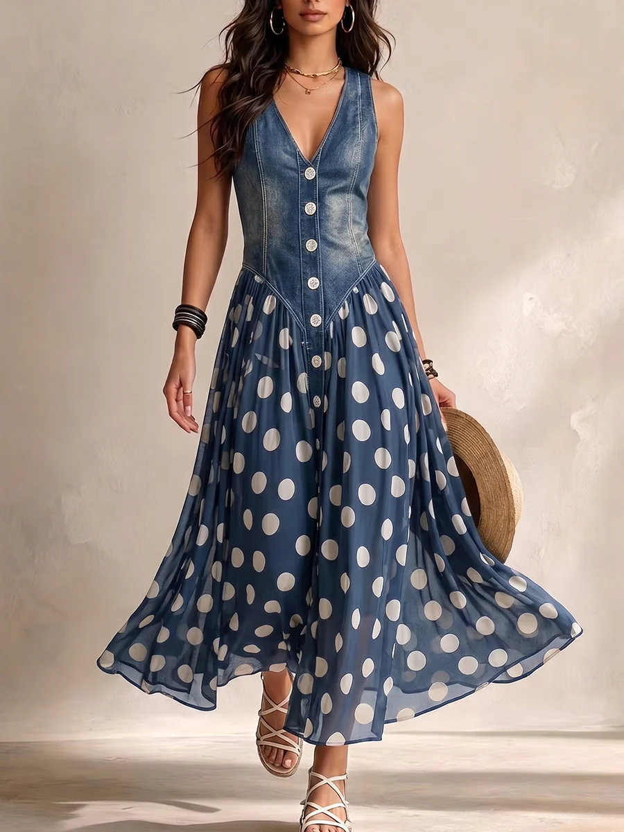 Adeline vestido largo efecto denim con lunares azul, vista frontal