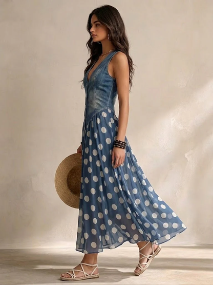 Adeline vestido largo efecto denim azul, vista lateral