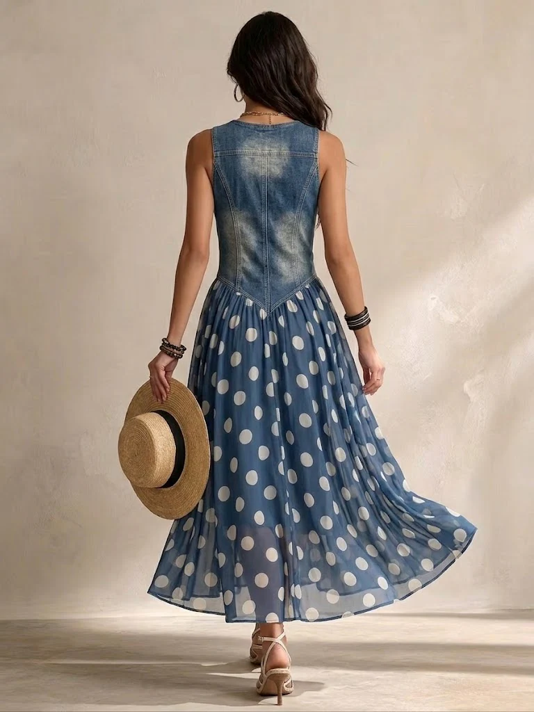 Adeline vestido largo efecto denim azul, vista de espalda