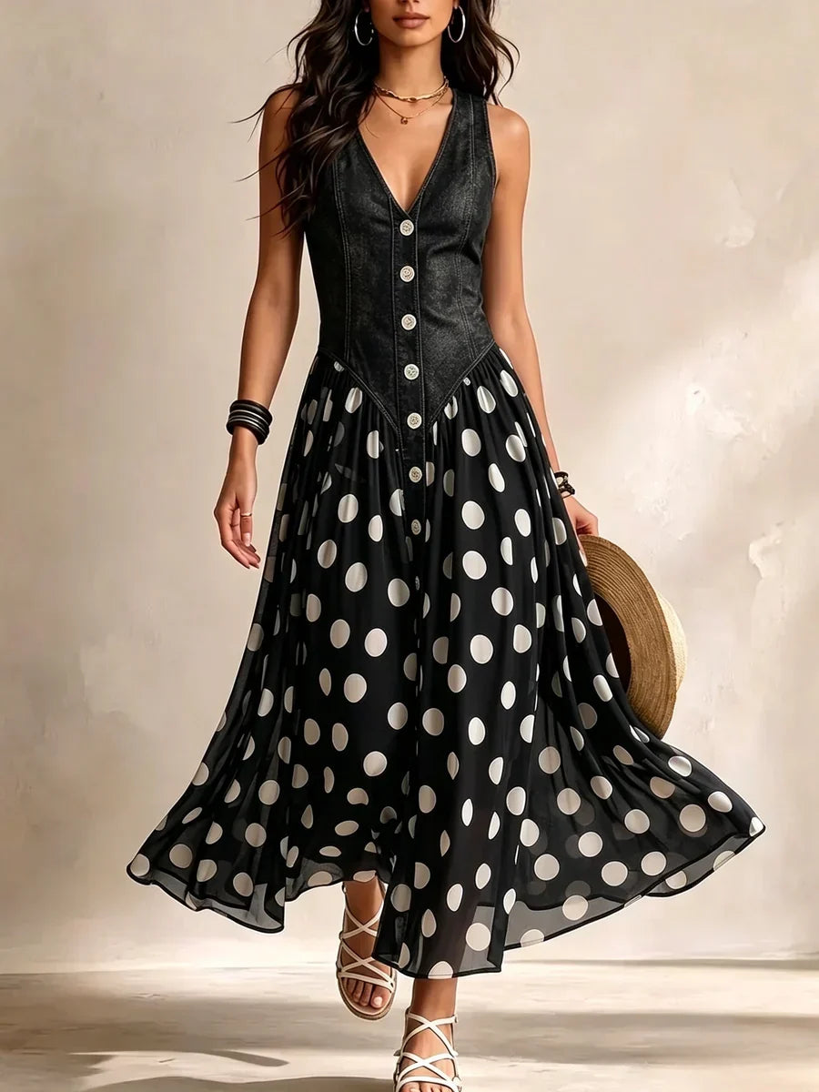 Adeline vestido largo efecto denim con lunares negro