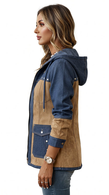 Adriana chaqueta con capucha marino y camel - perfil