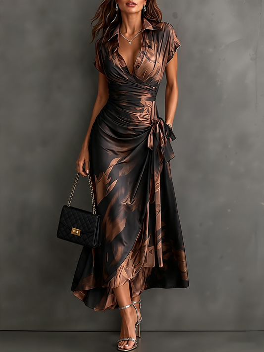 Camille vestido midi cruzado con estampado abstracto marrón, vista frontal