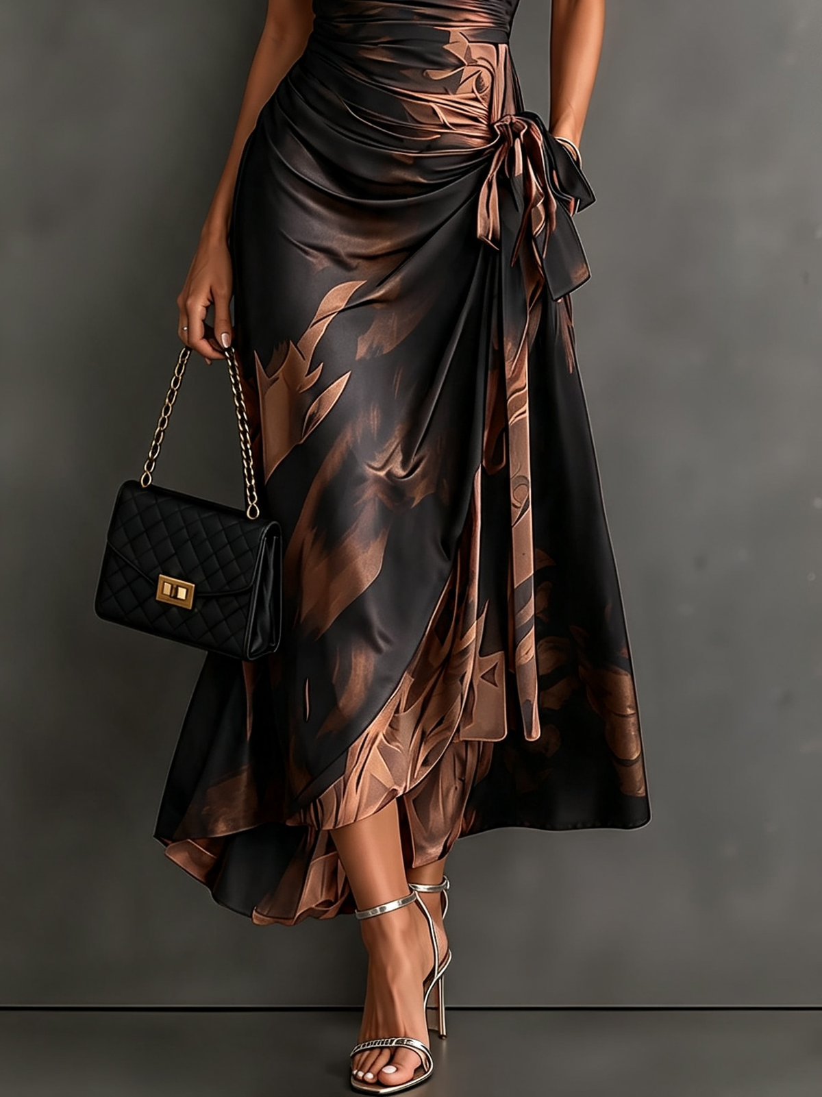 Camille vestido midi cruzado marrón, detalle del bajo asimétrico con volante