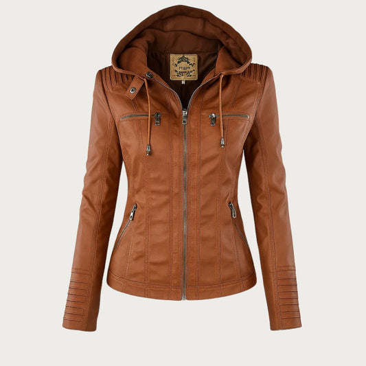 Cassia chaqueta biker efecto piel marrón con capucha