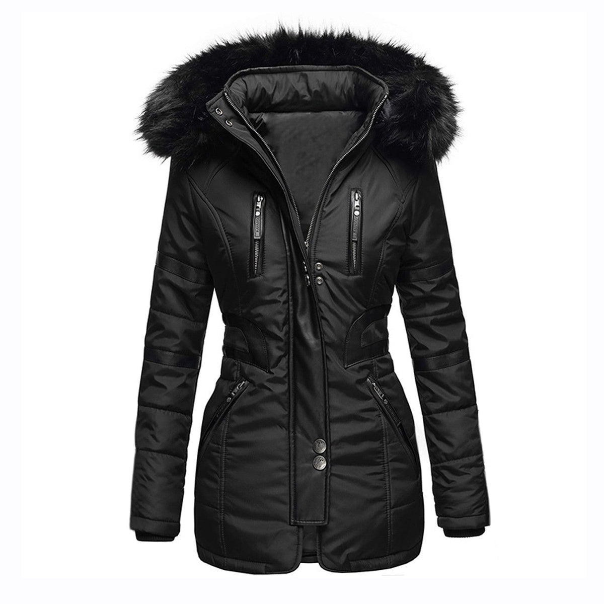 Celeste parka negra con capucha de pelo
