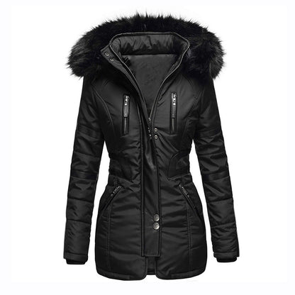 Celeste parka negra con capucha de pelo