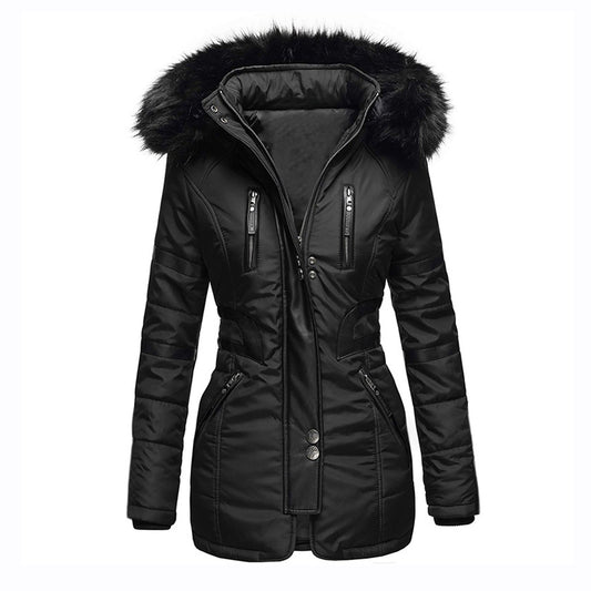 Celeste parka negra con capucha de pelo