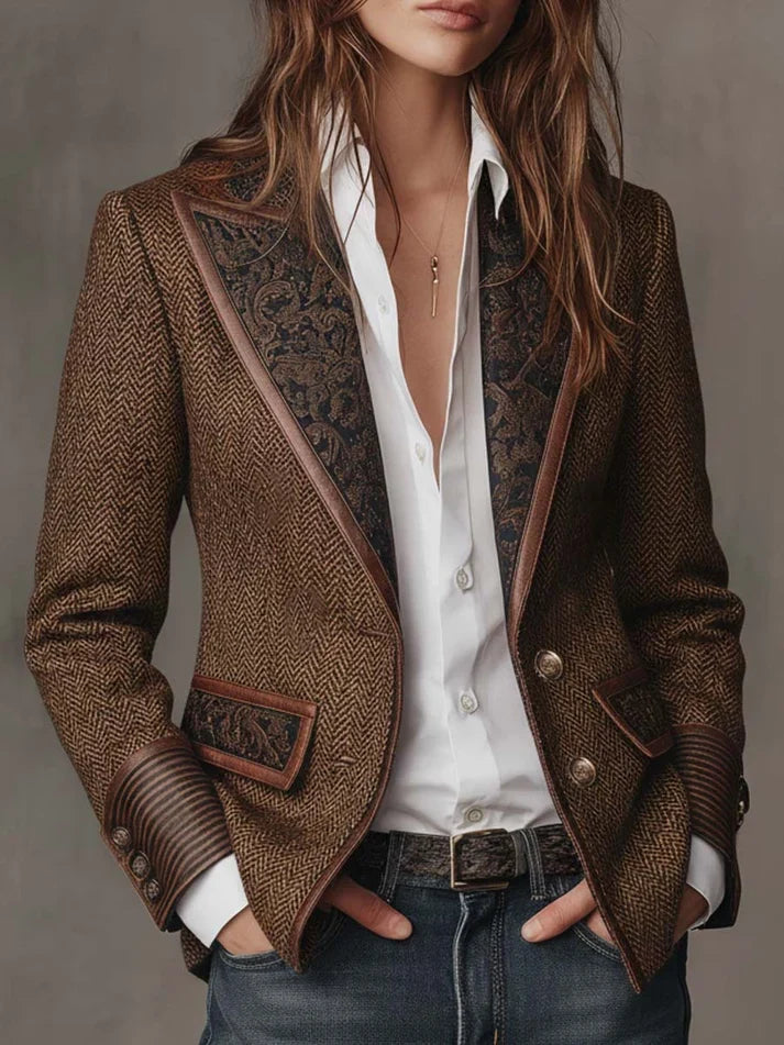 Consuelo blazer de espiga marrón con detalles estampados