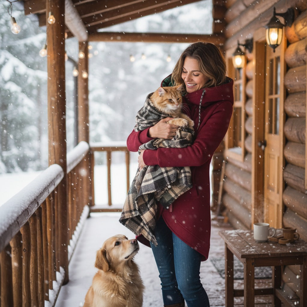 Mujer con la chaqueta Ingrid roja en un porche de madera