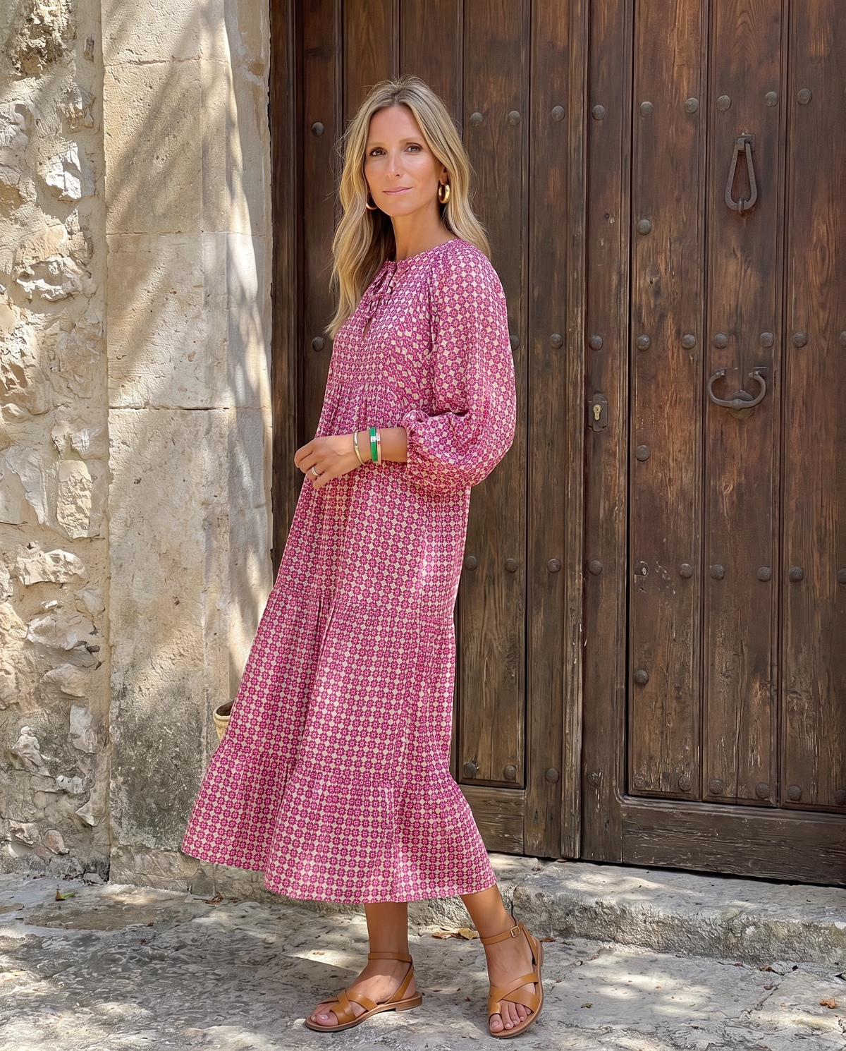 Isabella vestido largo boho rosa geométrico