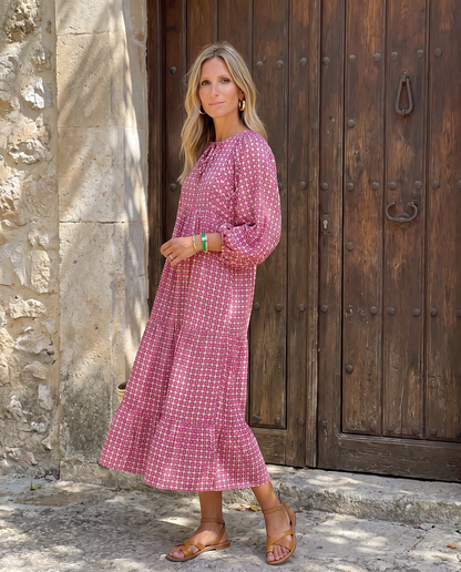 Isabella vestido largo boho rosa geométrico