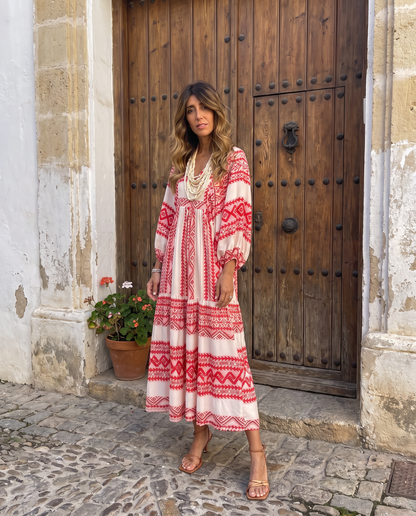 Isabella vestido largo boho rojo y blanco