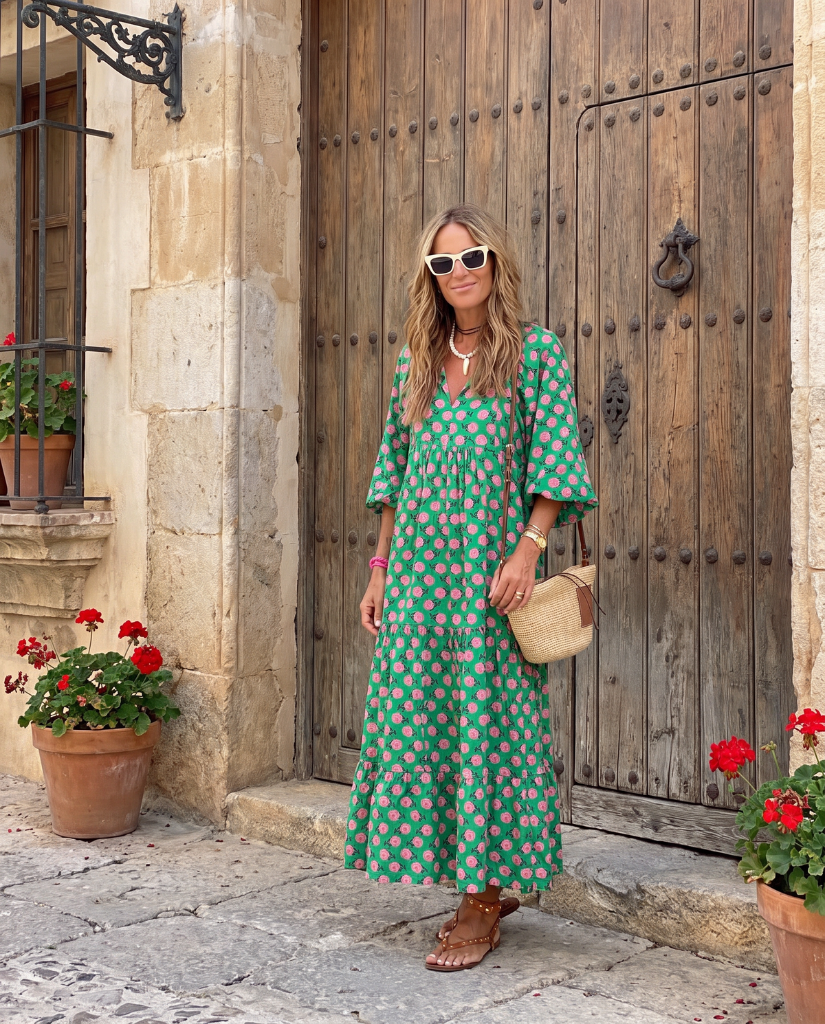 Isabella vestido largo boho verde y rosa