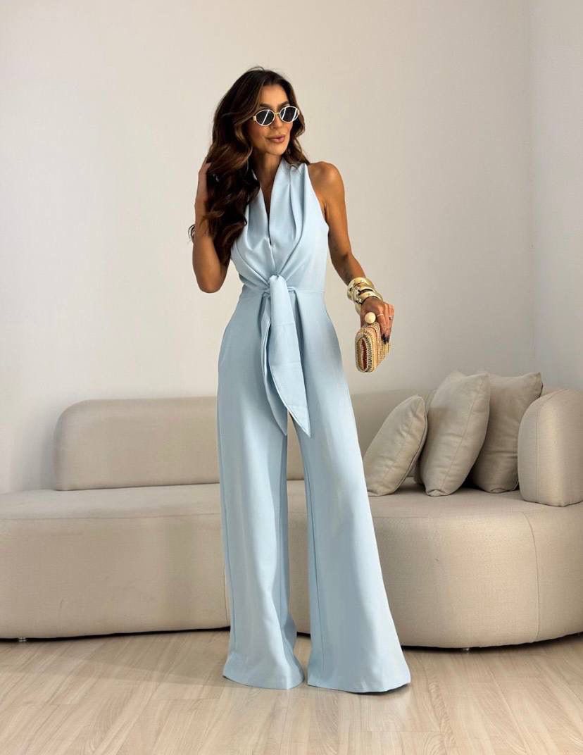 Jimena mono halter azul celeste de pierna ancha