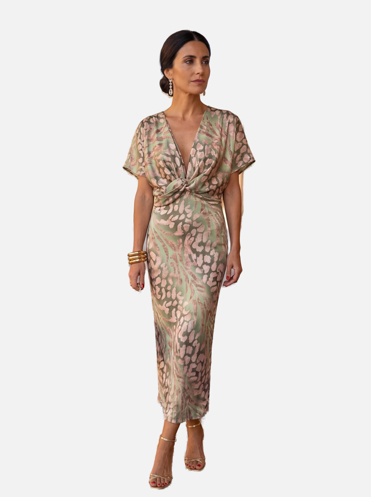 Julia vestido midi con estampado en tonos cobre y lazo en la cintura