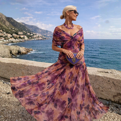 Vestido Micaela estampado morado junto al mar