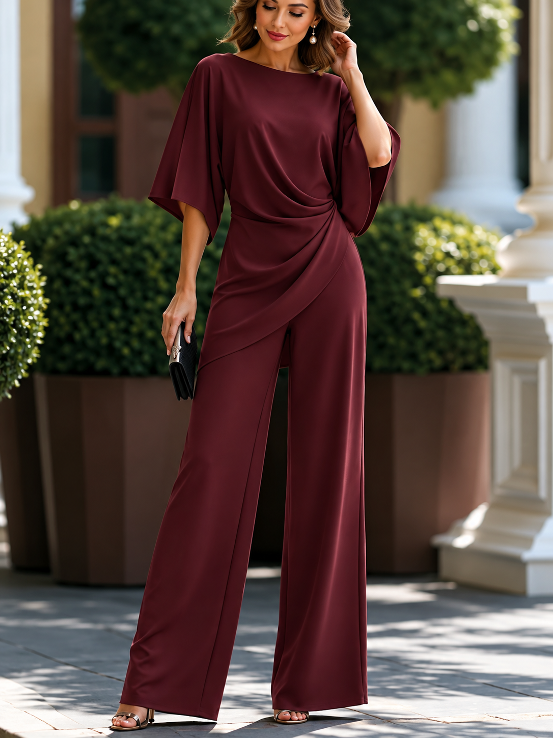 Milena conjunto granate de blusa y pantalón ancho