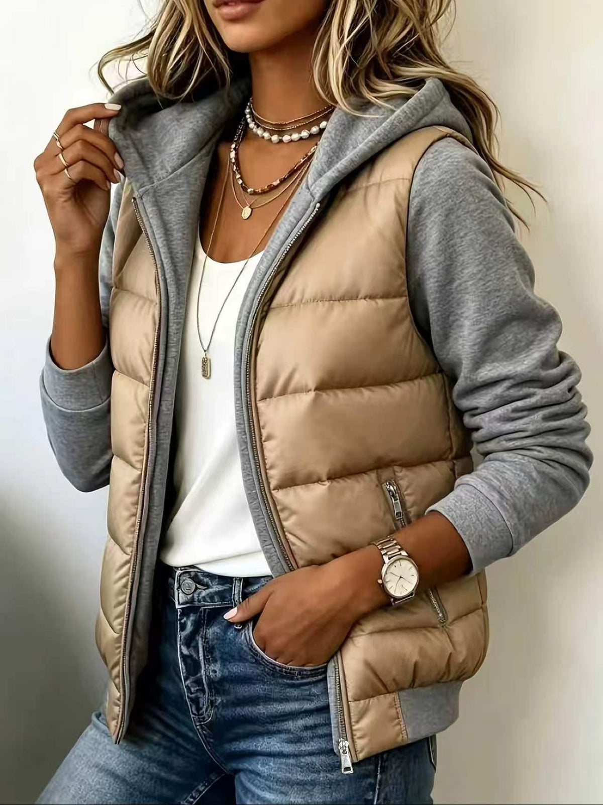 Nina chaqueta acolchada bicolor beige y gris