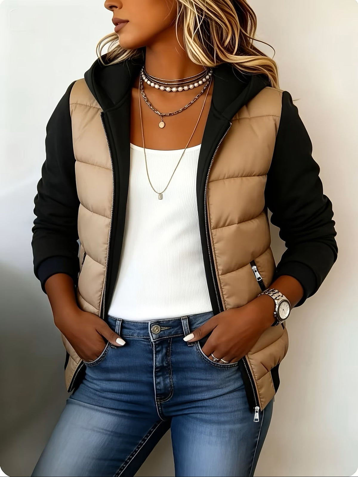 Nina chaqueta acolchada bicolor beige y negro