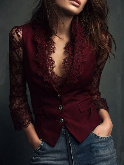 Noelia blazer burdeos con mangas de encaje