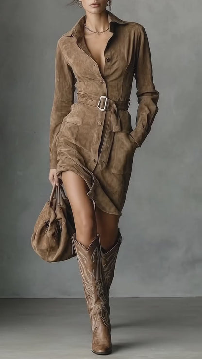 Rebeca | Vestido Camisero Efecto Ante con Cinturón
